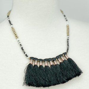 3/$25 Black tassel fan statement beaded necklace